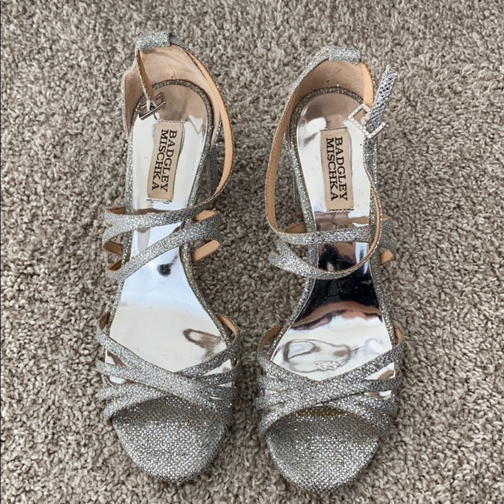 Badgley Mischka Silver Glitter Block Heel